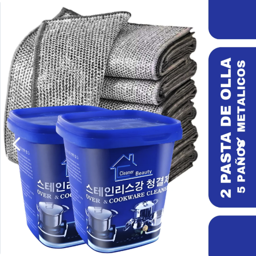 PACK RENUEVA OLLAS (5 paños metálicos + 2 pastas para ollas)