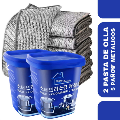 PACK RENUEVA OLLAS (5 paños metálicos + 2 pastas para ollas)