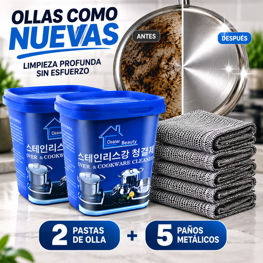 PACK RENUEVA OLLAS (5 paños metálicos + 2 pastas para ollas)